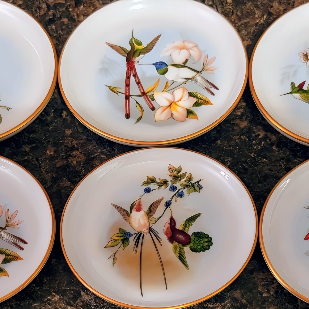 Vintage Porcelain German Furstenberg Coaster Dishes • Humming Birds • Lot Of 6